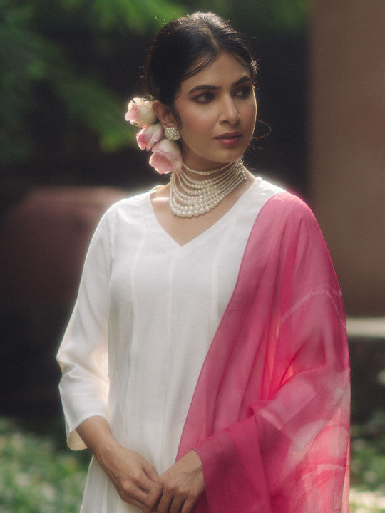 Anayna V-Neck Panelled Silk Anarkali Kurta with Trousers & Dupatta