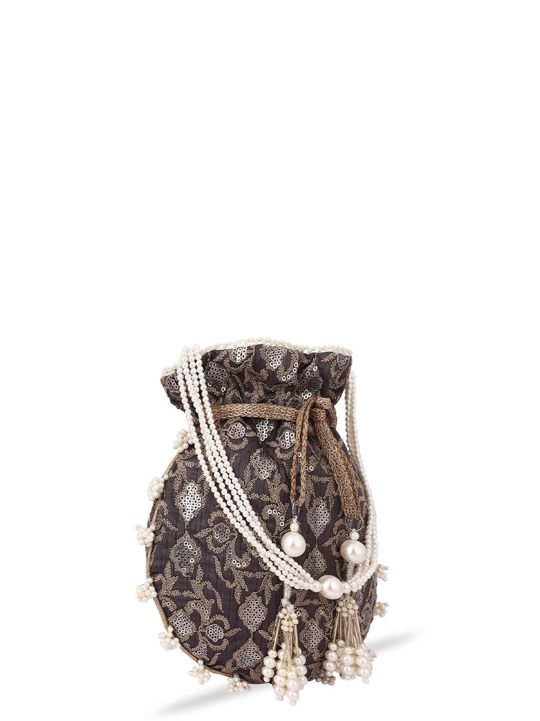 Masq Black & White Pearl & Sequinned Work Embellished Potli Clutch