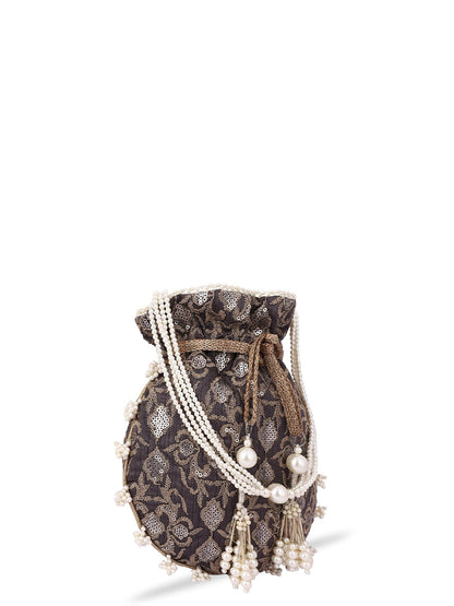 Masq Black & White Pearl & Sequinned Work Embellished Potli Clutch