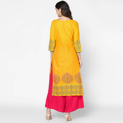 Cheera Hand Block Print Mustard Straight Kurta (MAAI-052K)