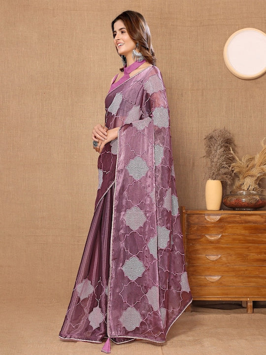 Fabmora Ethnic Motifs Embroidered Sequinned Detailed Organza Saree