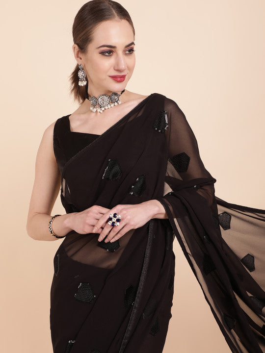 Sangria Black Embellished Sequinned Pure Georgette Saree