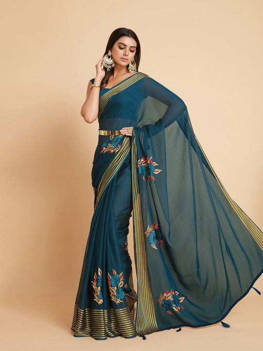 Sangria Green & Gold-Toned Embellished Pure Chiffon Saree