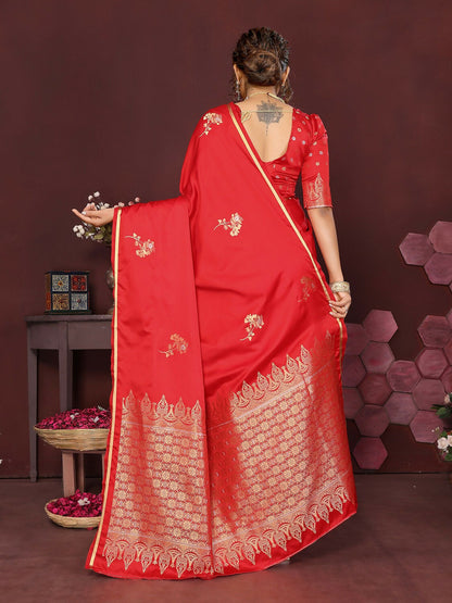 Joban Fashion Red Floral Banarasi Silk Sarees