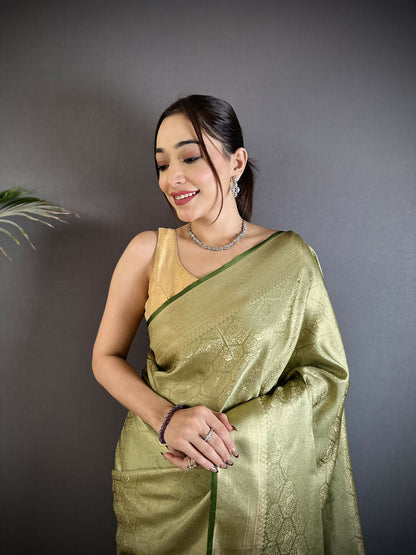 Joban Fashion Dusty Green Paisley & Floral Soft Satin Silk Banarasi Silk Saree