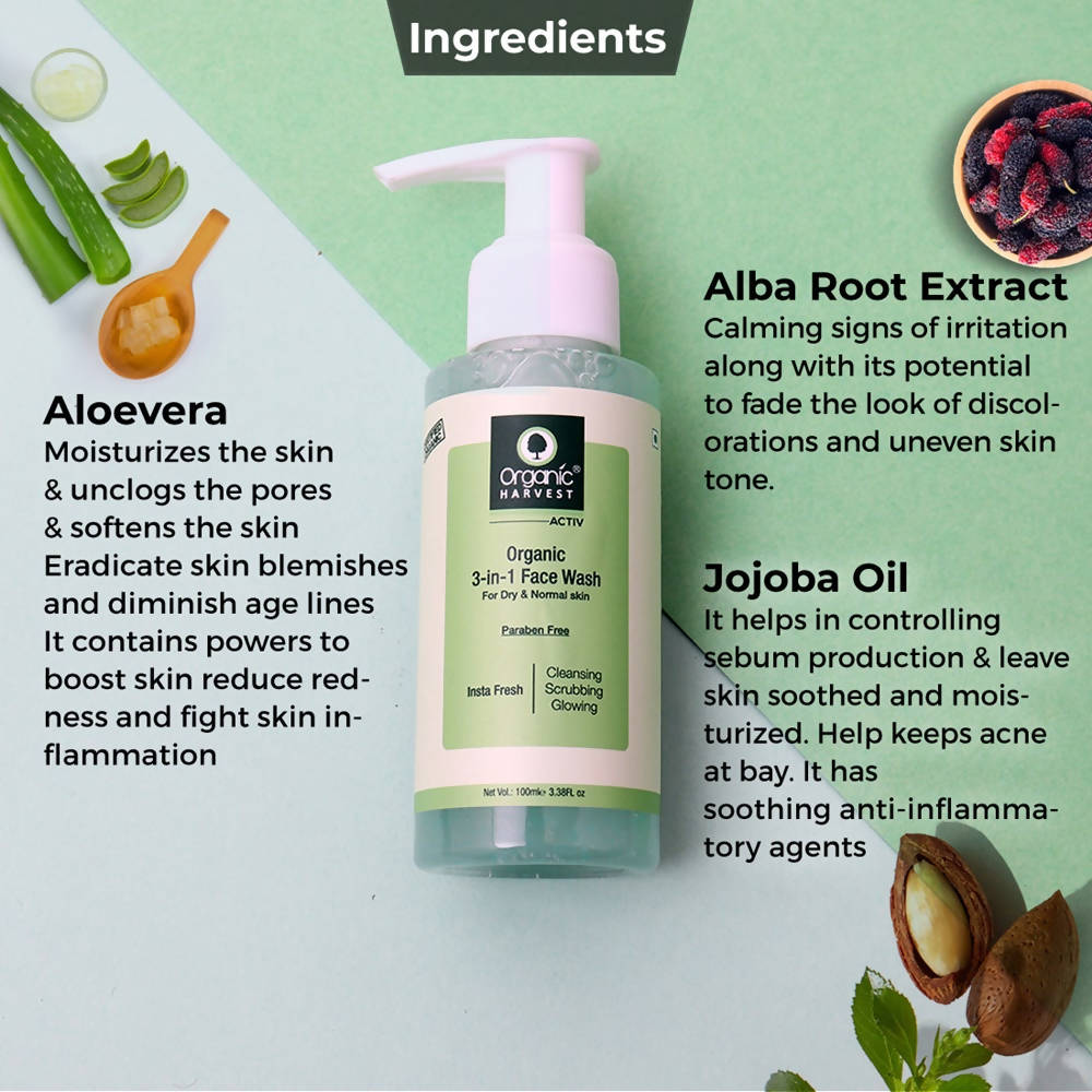 Organic Harvest 3-in-1 Face Wash for Dry and Normal Skin - 100 ml