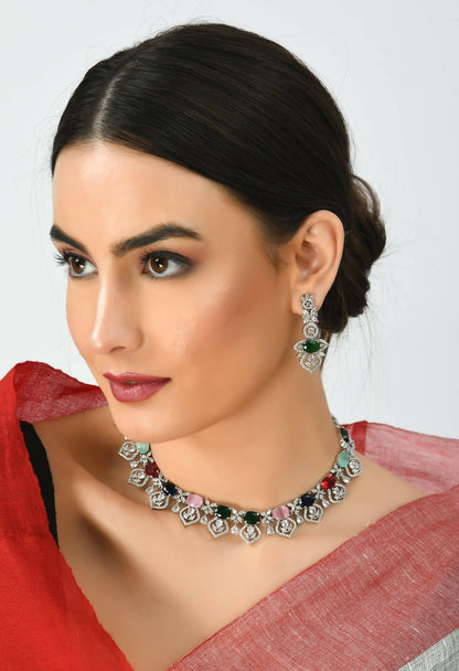 Mominos Fashion Johar Kamal Silver-Plated American Diamond Multi Colour Choker Set
