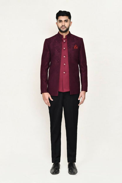 Joban Fashion Maroon Colored Imported Jacquard Fabric Open Prince Coat, Jacket With Pant
