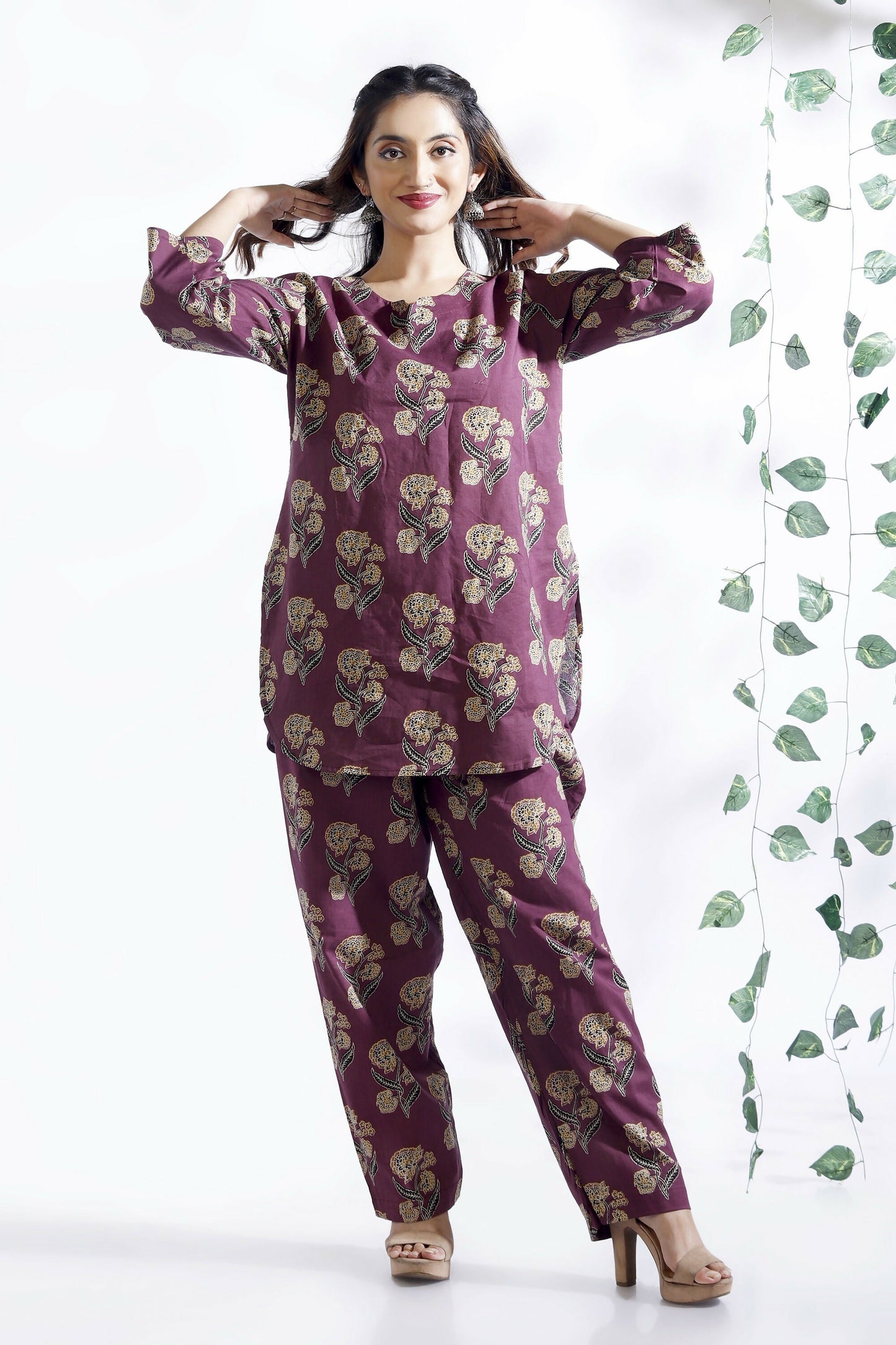 Breathables Wine Butta Cotton Co-Ord Set – Kurta With Straight Pants