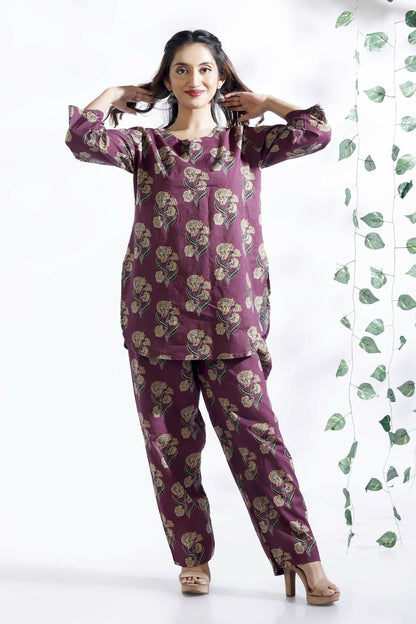 Breathables Wine Butta Cotton Co-Ord Set – Kurta With Straight Pants