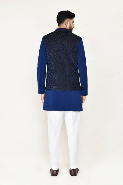 Joban Fashion Blue Colored Imported Jacquard Fabric Open Jacket, Indo Western With Straight Fit Pant