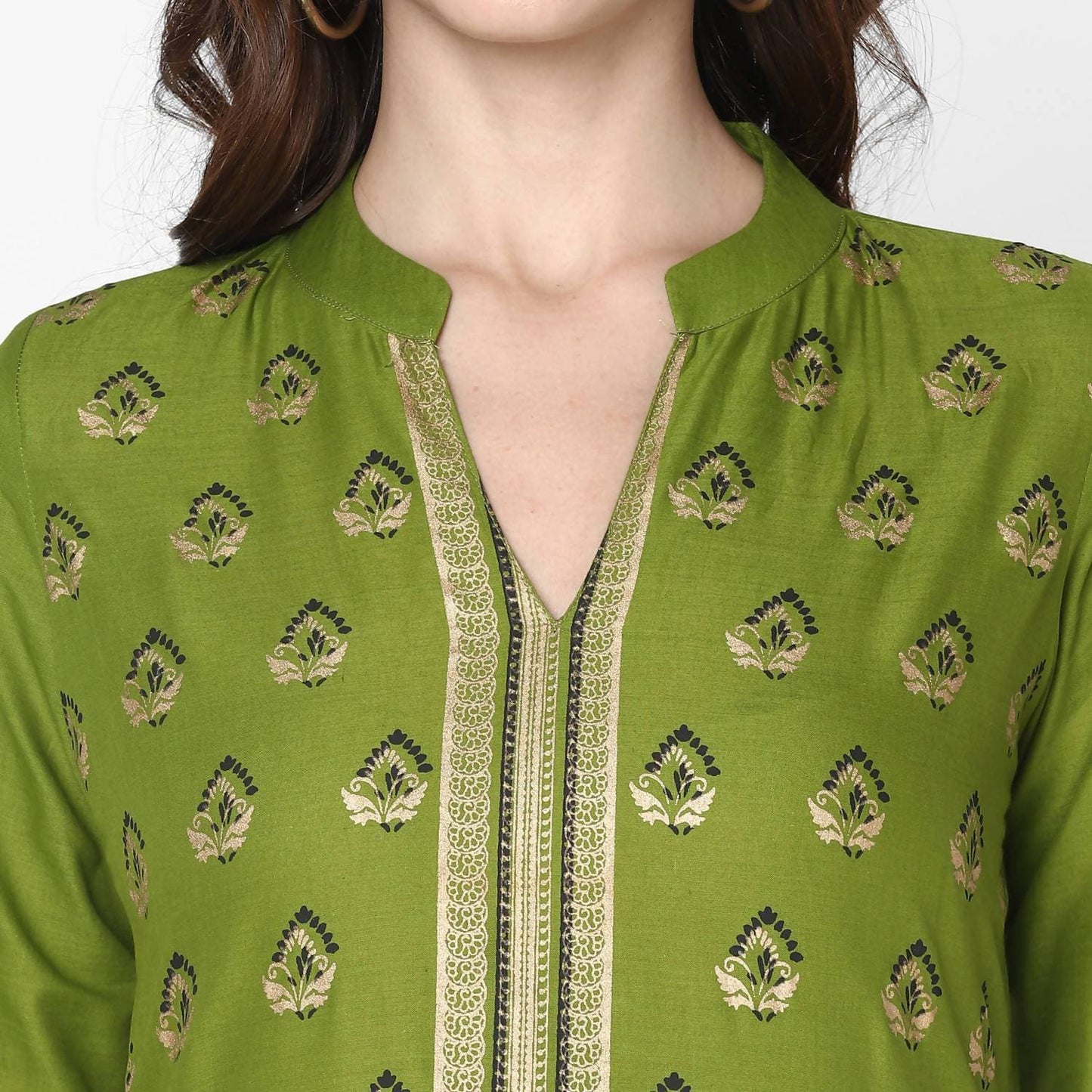 Cheera Hand Block Print Olive Green & Skin Color Straight Kurta With Palazzo (MAAI-070K)