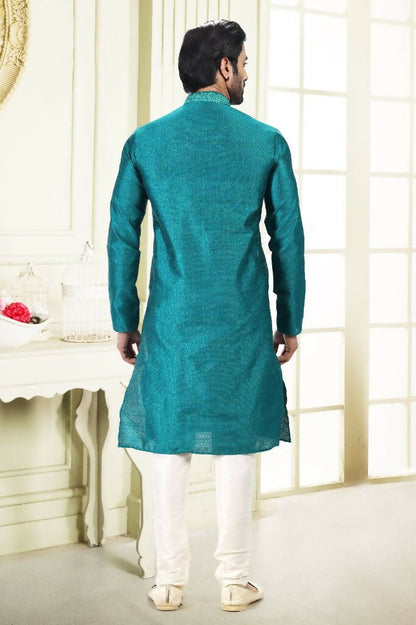 Raivat Ethnic Jacquard Banarasi Silk Thread Work Kurta Pajama In Blue Colour