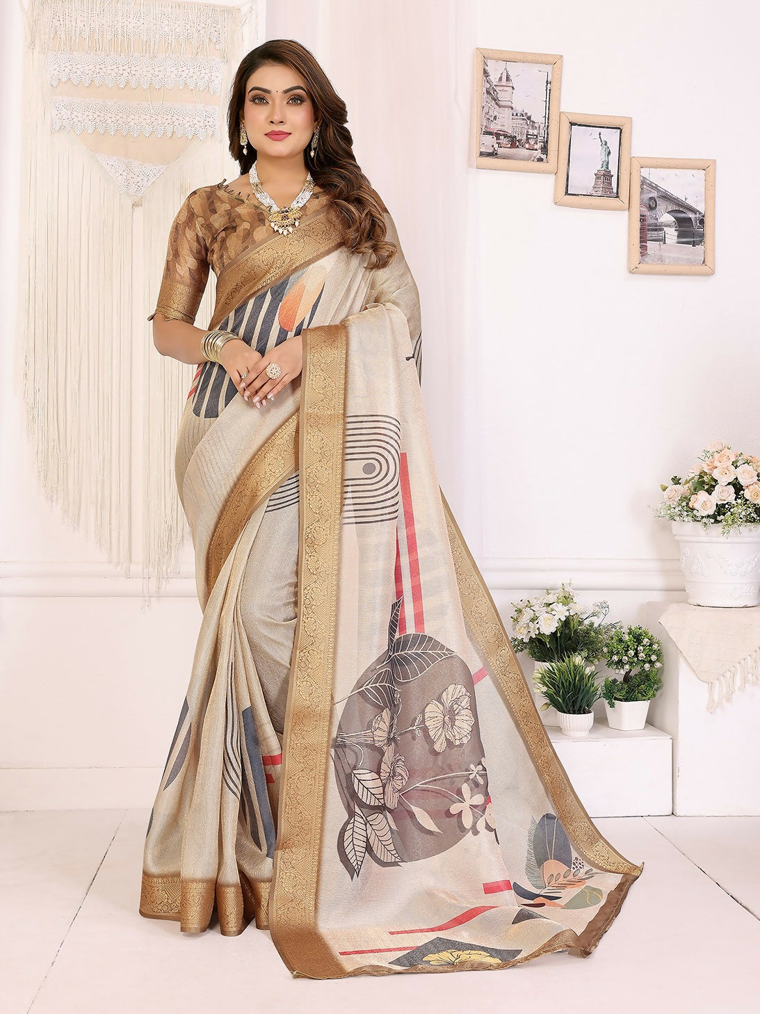 Joban Fashion Beige Art Print pattern Banarasi Silk Sarees