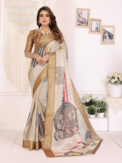 Joban Fashion Beige Art Print pattern Banarasi Silk Sarees