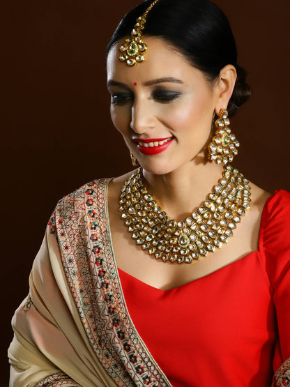 Gold-Polished Maharani Kundan Neckpiece With Earrings And Maang Tikka - Ruby Raang