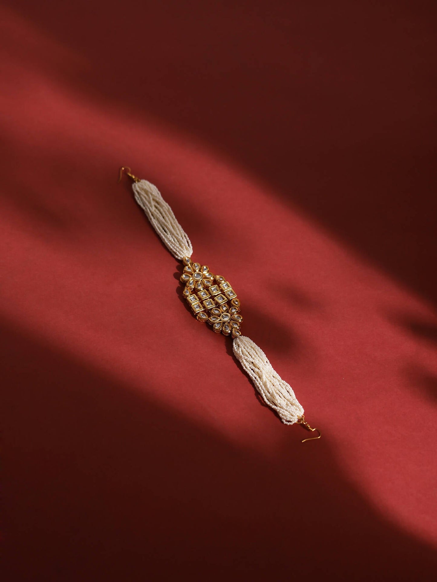 Gold-Polished White Kundan-Studded Pearl Beaded Hair Band - Ruby Raang