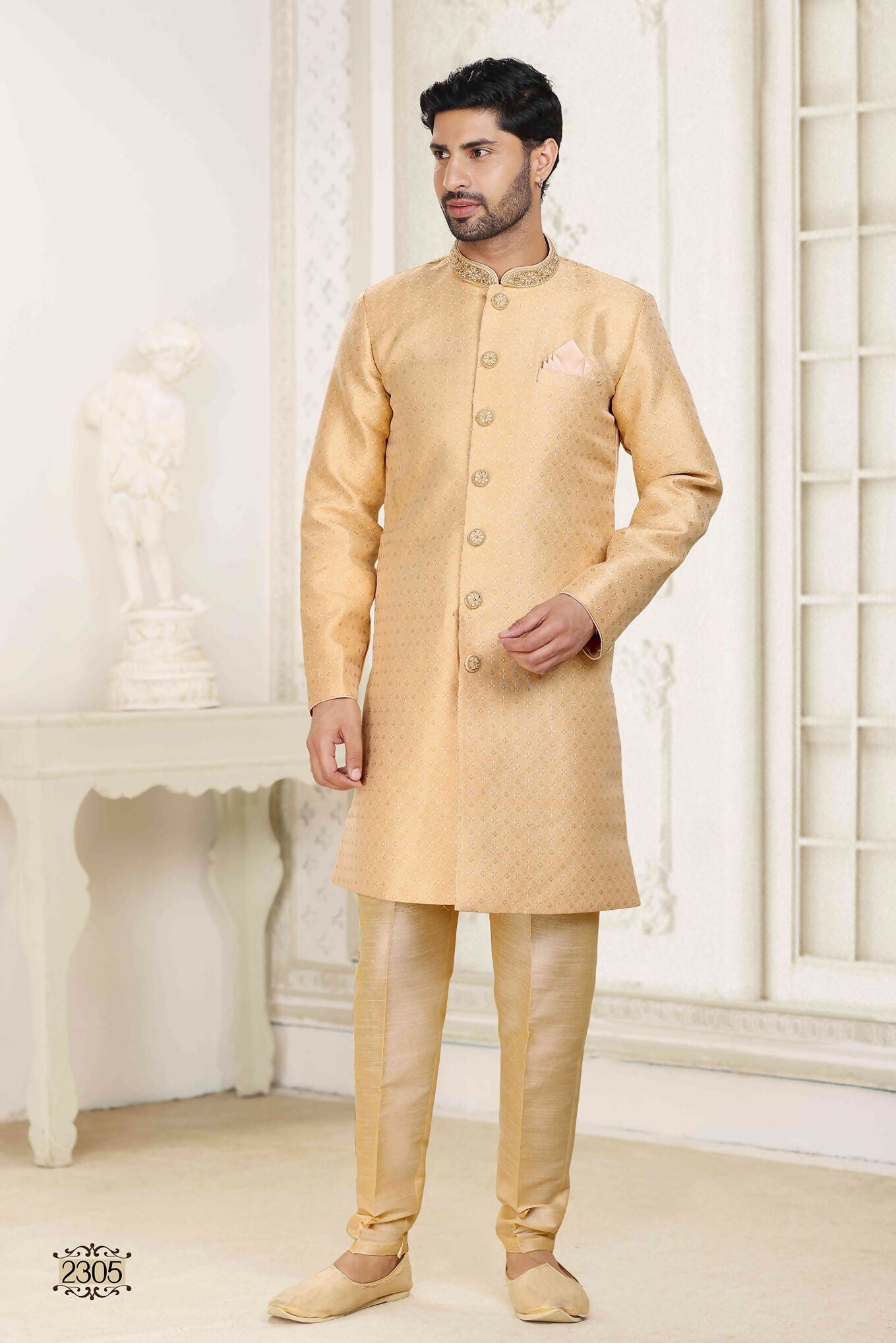 Raivat Ethnic Banarasi Jacquard Embroidery Semi Indo Western Sherwani In Beige Colour
