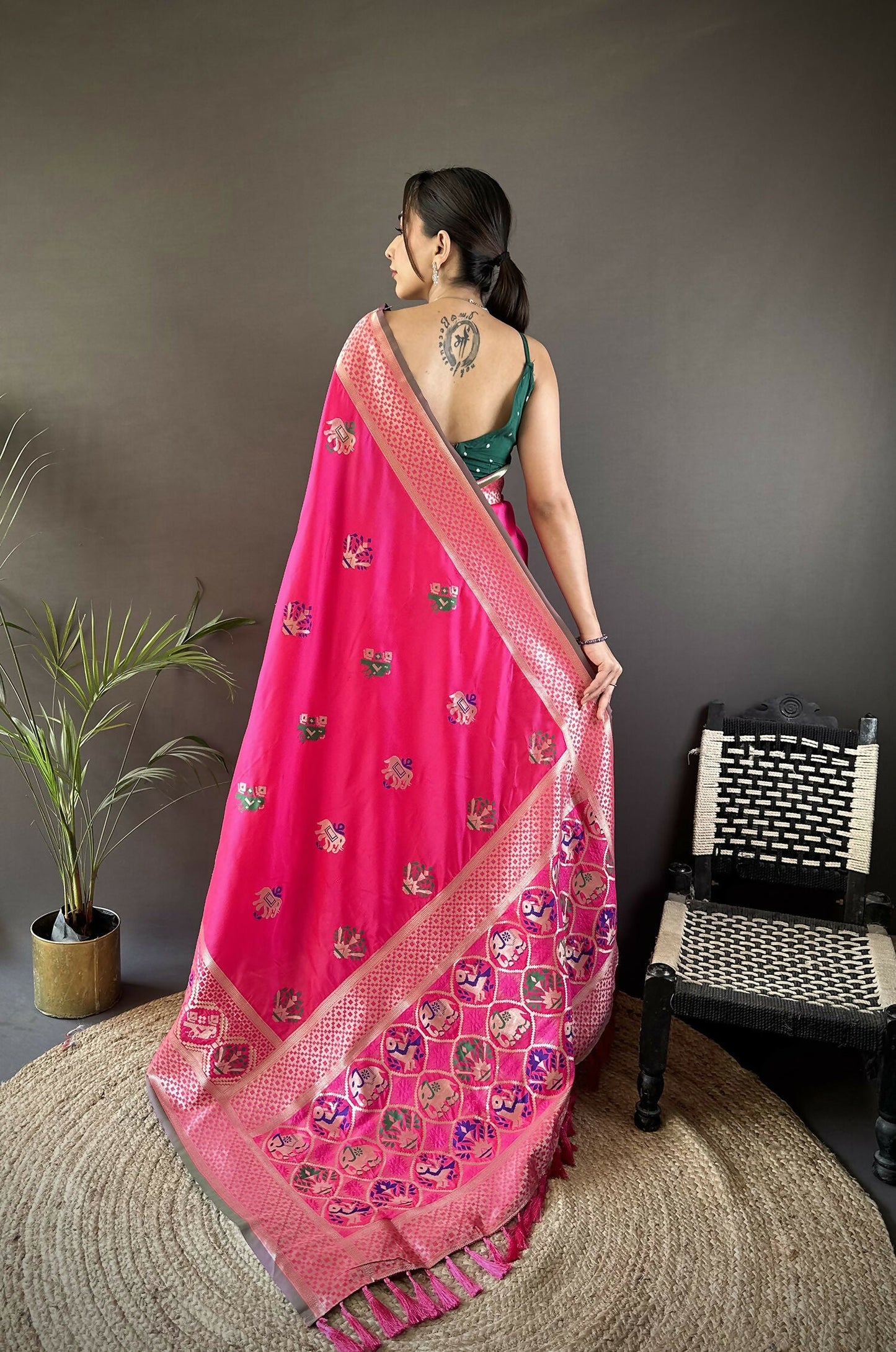 Joban Fashion Rani Pink Elephant & Floral Motifs Soft Lichi Silk Banarasi Saree