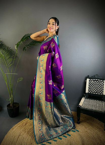 Joban Fashion Banarasi Magenta Woven Soft Silk Saree