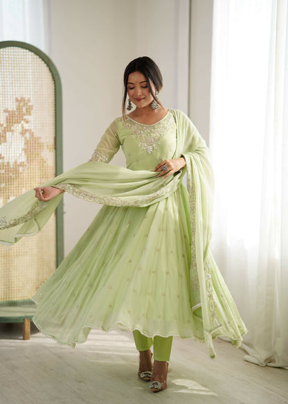 Teeya Creation Pista Color Faux georgette Embroidery Work Wedding Wear Gown