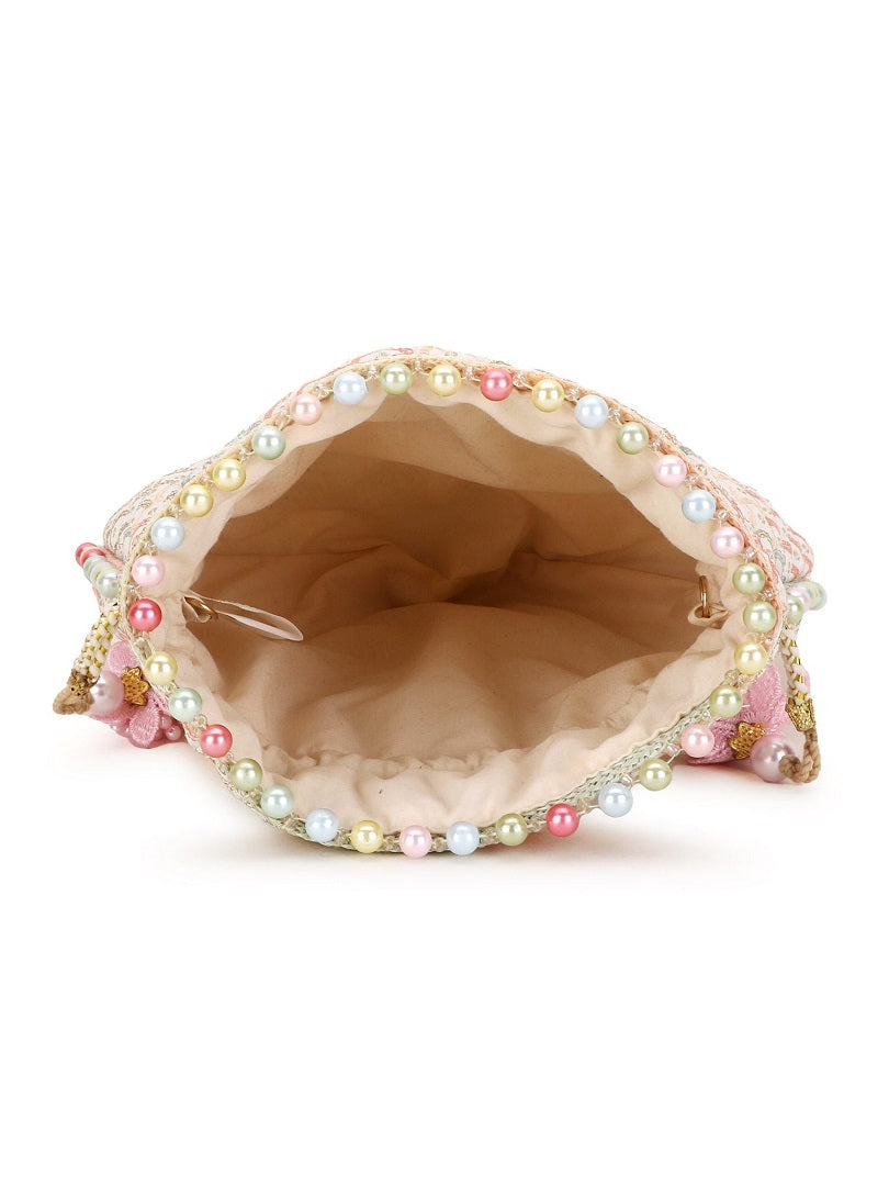 Off White and Pastel Multi Sequin Embroidered Faux Silk Potli Bag