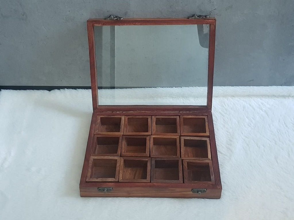 Wooden Multi-Compartment Storage Box Multipurpose Table Top Glass Lid on Top Box Spice box Dry Fruit Box