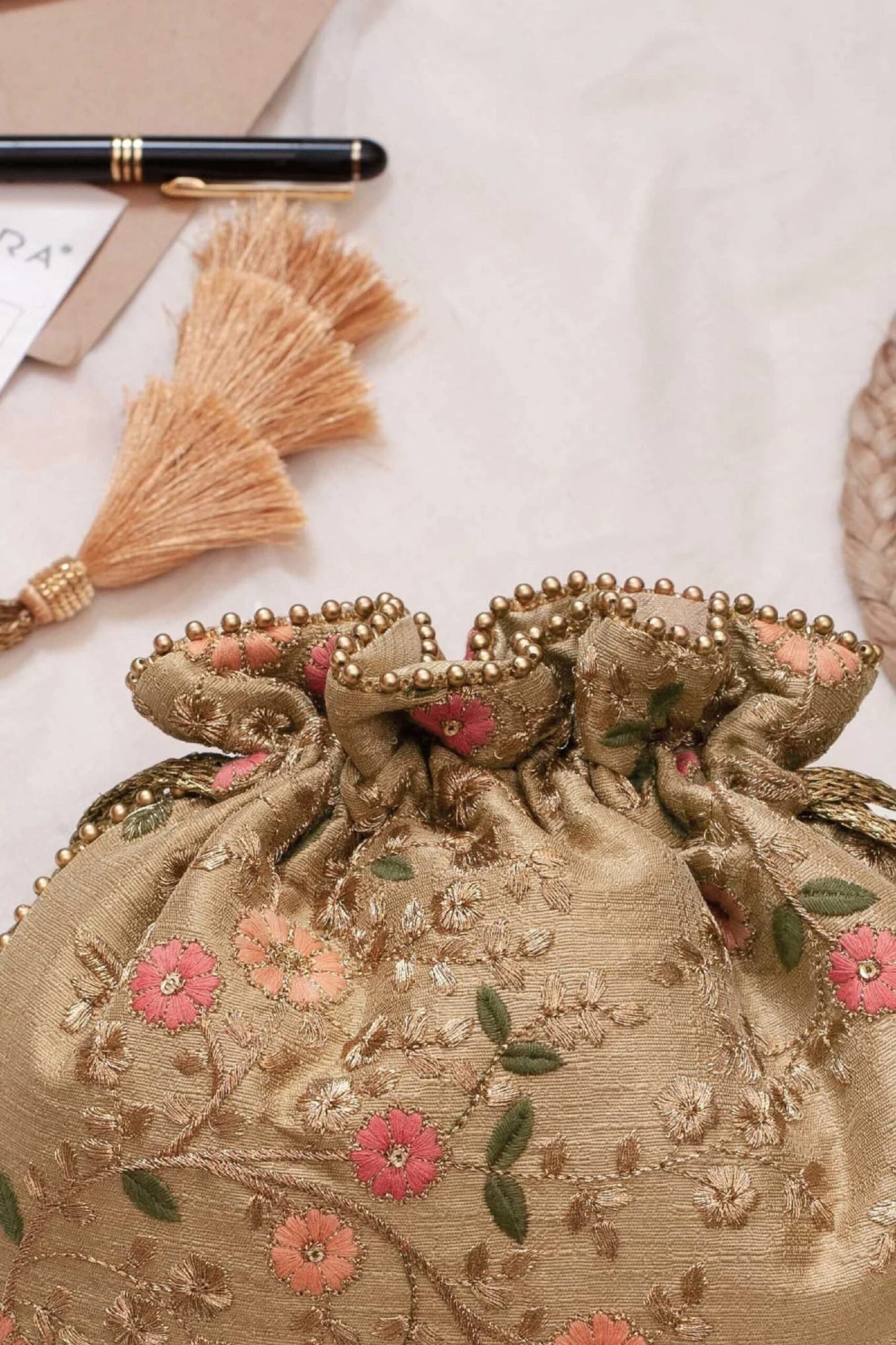Embroidered poly silk drawstring pouch bag, wedding potli,Valentines gift