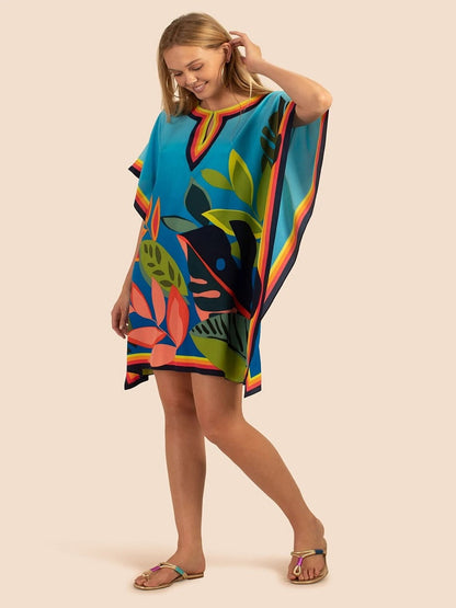 Beautiful Floral Geometric Pattern Holiday Wear Silk Crepe Short Kaftan Dress J5681