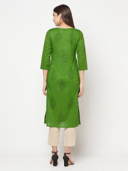 Aniyah Green Cotton Block print straight kurta