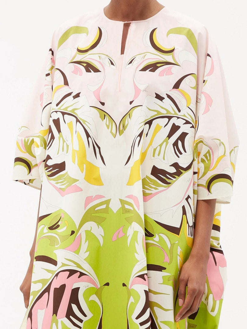 Trending Free Size Crepe Silk Beach Kaftan Green Off-White J5692