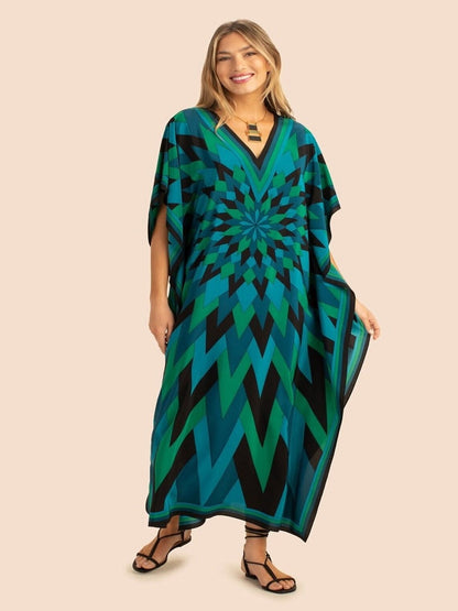V Neck Printed Lounge Wear Soft Silk Crepe Kaftan J5765