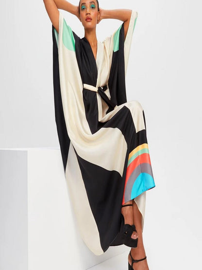 V-Neck Belt Style Women Soft Satin Silk Printed Kaftan J5631