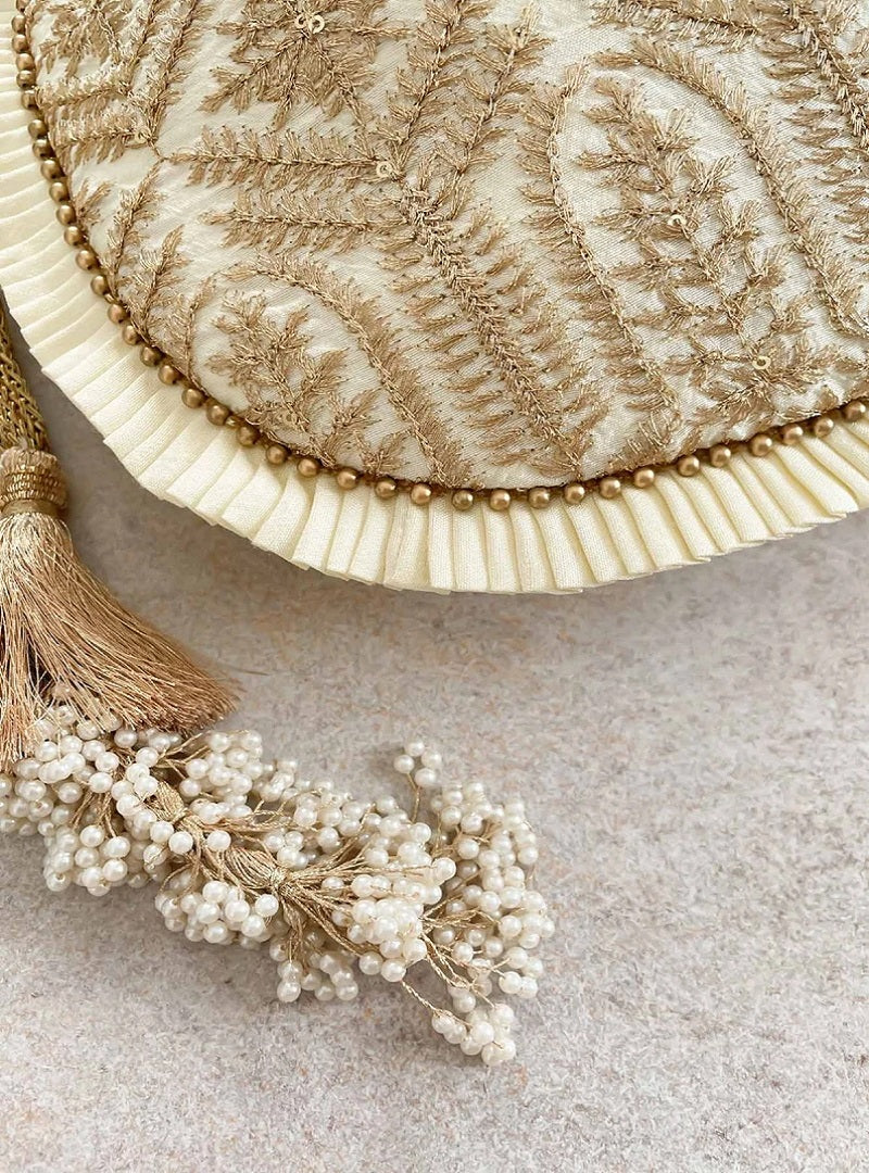 Cream Embroidered Poly Silk Potli Bag