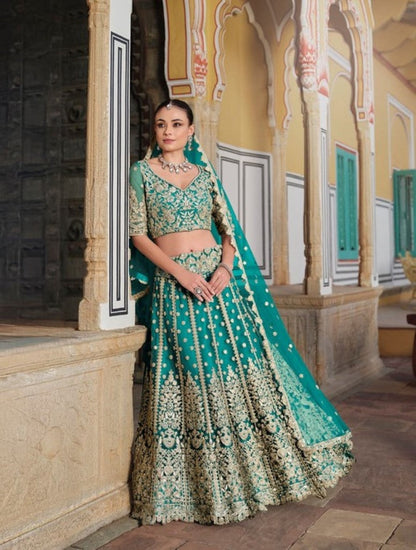 Anaita Turquoise Net Lehenga Choli With Stone Embroidery Work