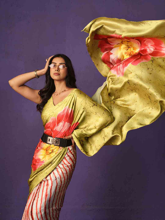 Sangria Floral Digital Printed Satin Saree