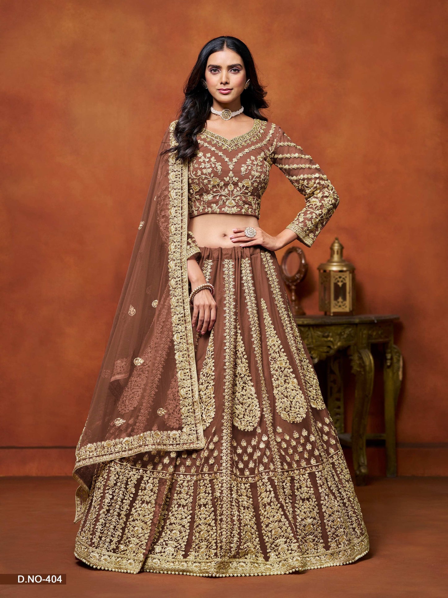 Anaita Brown Embroidered Net Designer Lehenga With Blouse