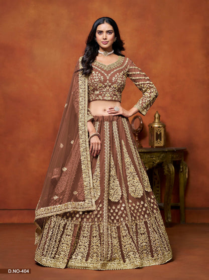 Anaita Brown Embroidered Net Designer Lehenga With Blouse