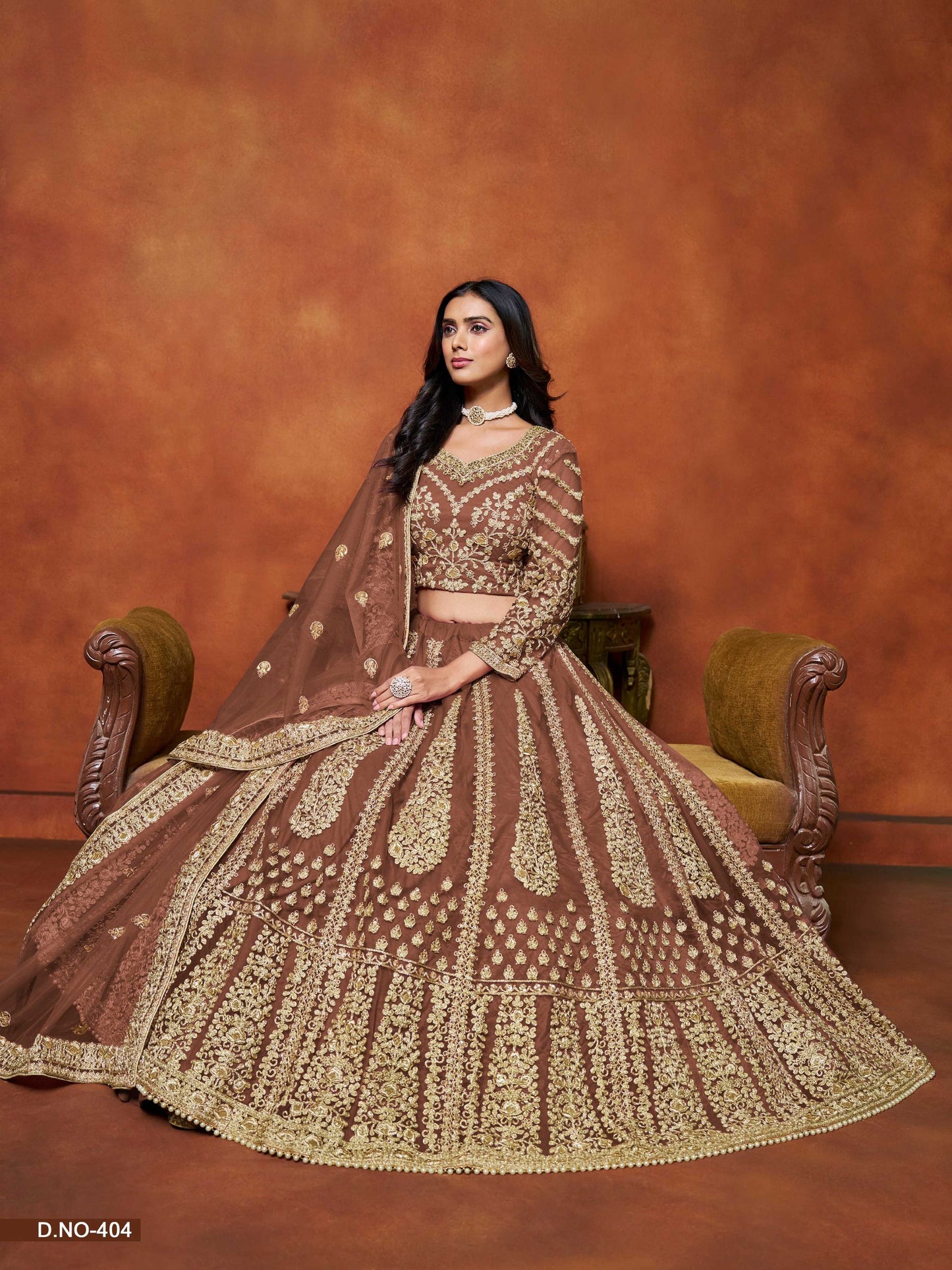 Anaita Brown Embroidered Net Designer Lehenga With Blouse