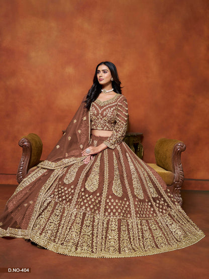 Anaita Brown Embroidered Net Designer Lehenga With Blouse