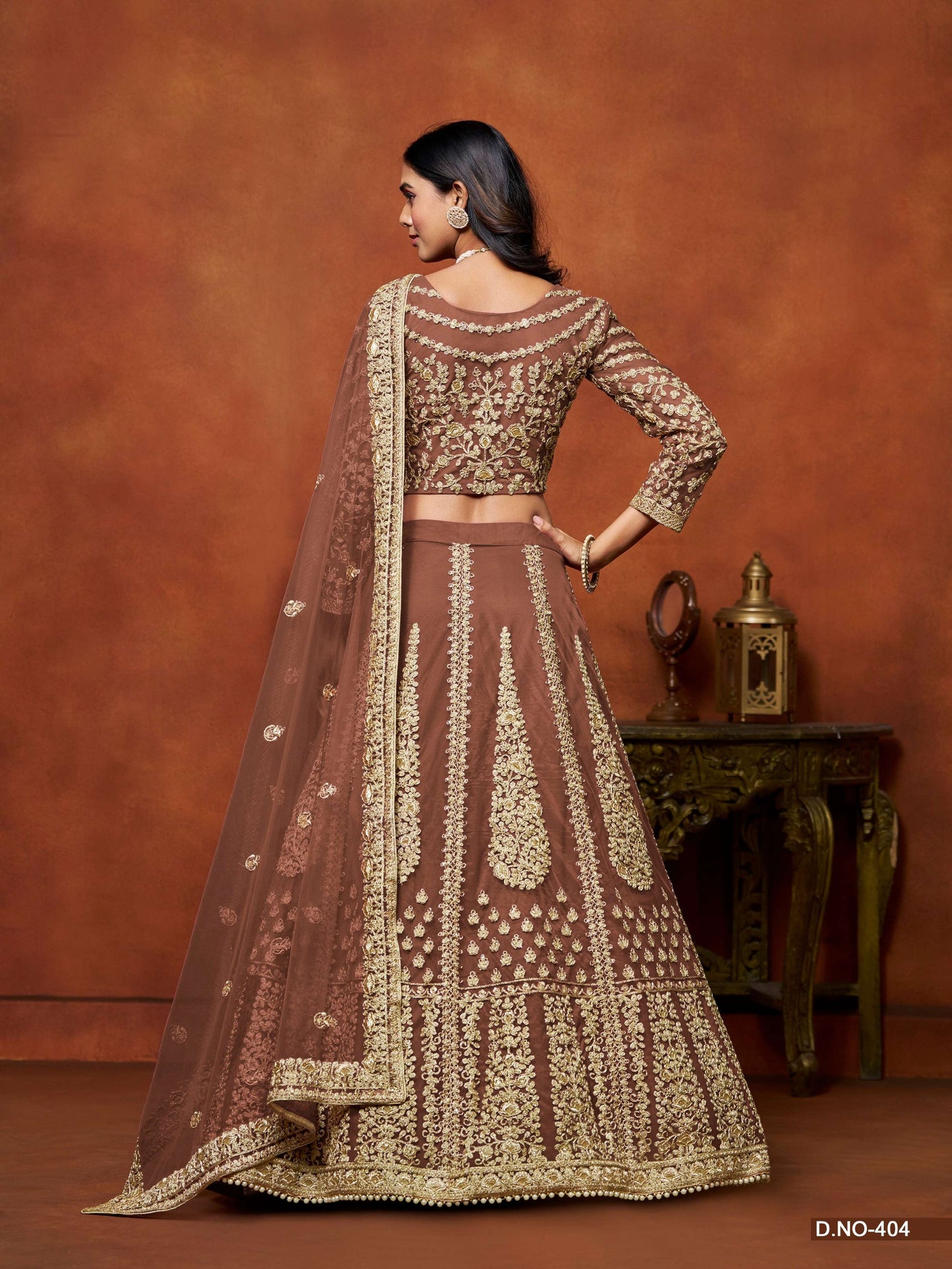 Anaita Brown Embroidered Net Designer Lehenga With Blouse
