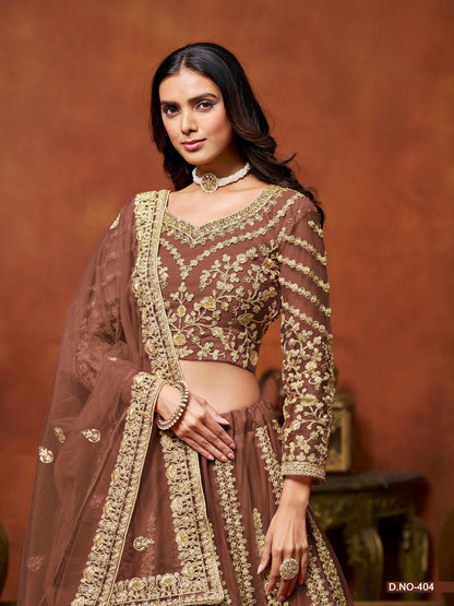 Anaita Brown Embroidered Net Designer Lehenga With Blouse