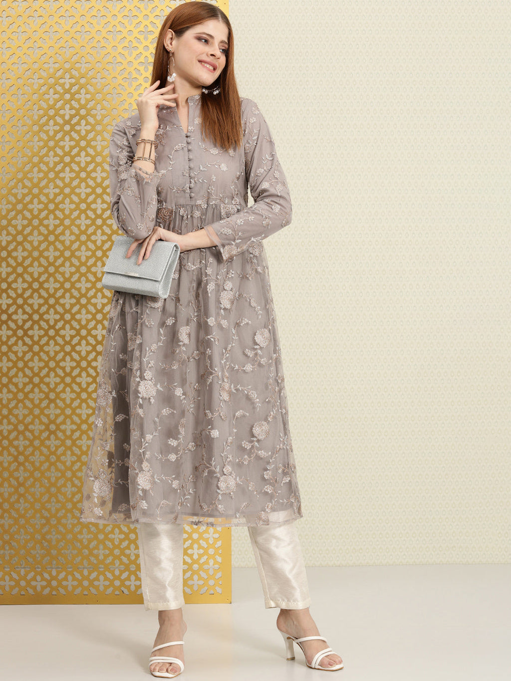 House of Pataudi Women Embroidered Thread Work Floral Anarkali Jashn Kurta
