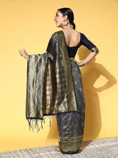 Saree Mall Navy Blue & Gold-Toned Ethnic Motifs Zari Silk Blend Banarasi Sarees