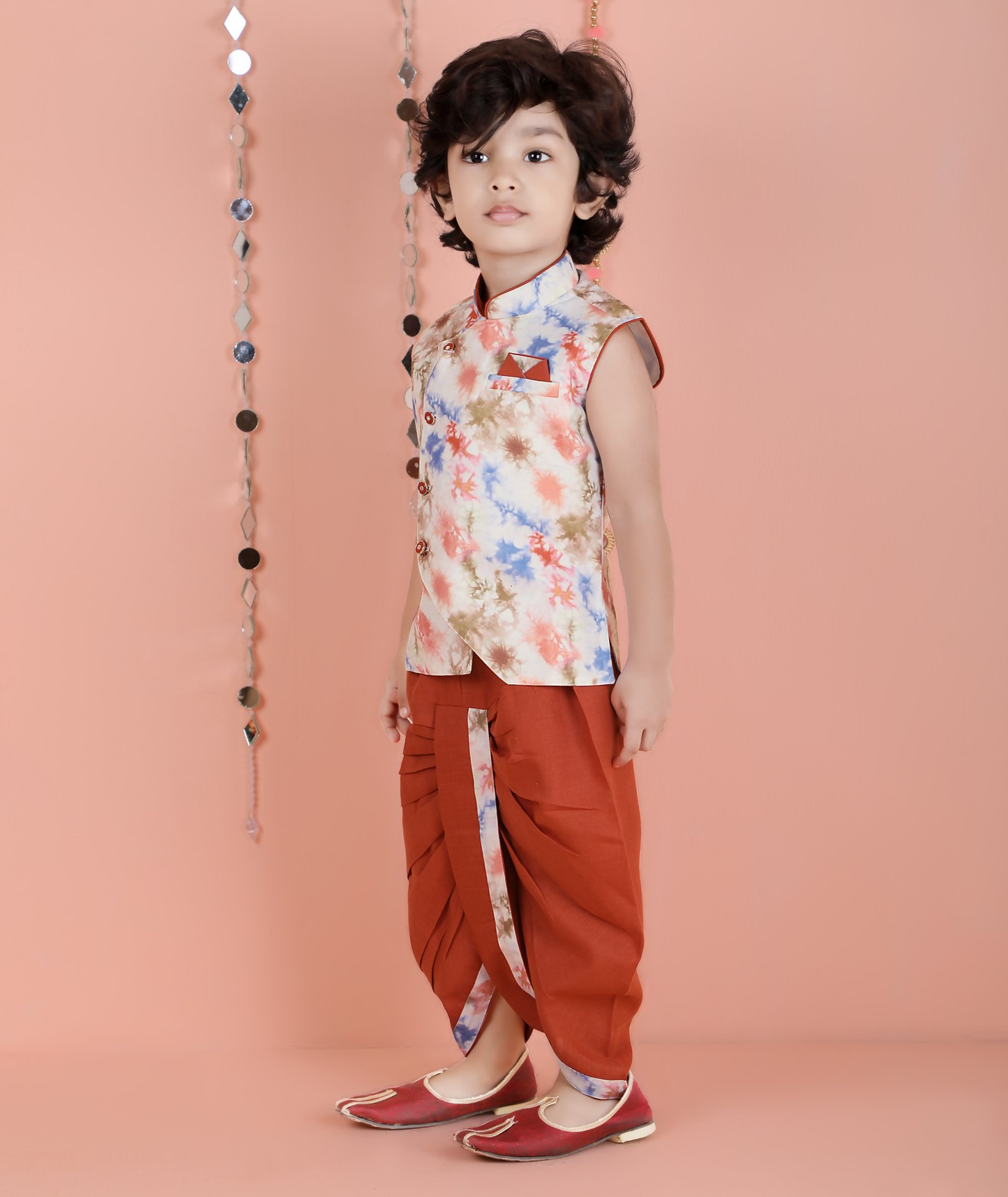 Joban Fashion Kids Island Cotton Sleeveless printed Kurta and Solid Dhoti - Rust