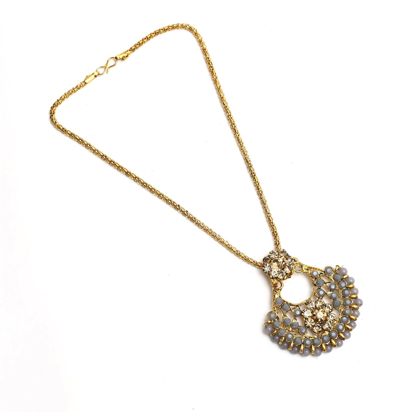Mominos Fashion Johar Kamal Gold-Polished Brass Finish Long Necklace For Women (Golden/Grey)