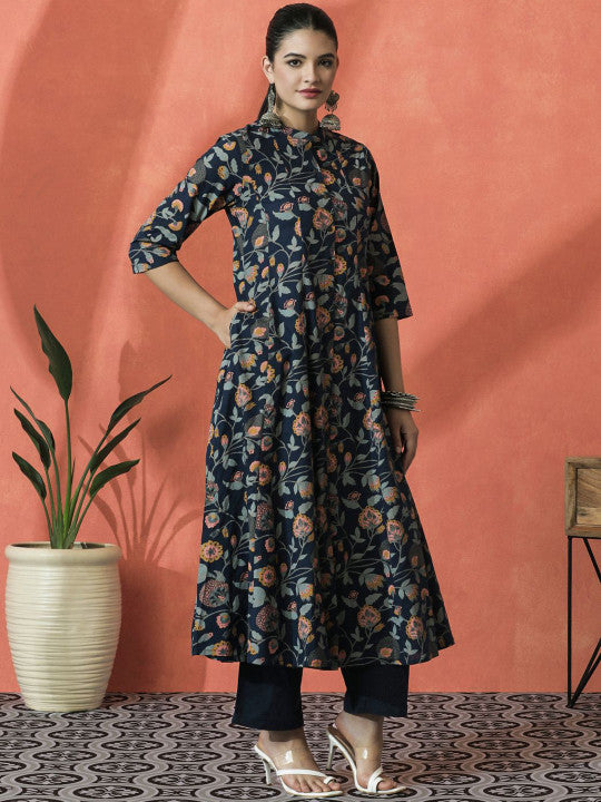 Sangria Floral Printed Mandarin Collar Panelled Pure Cotton A-Line Kurta