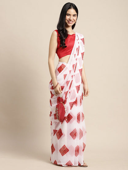 Saree Mall Women White & Red Printed Poly Chiffon Bandhani Saree With Matching Blouse