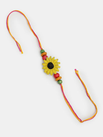 NVR Women & Men Set of 2 Red & Yellow Mirror Work Handcrafted Bhaiya Bhabi Rakhi With Roli Chawal