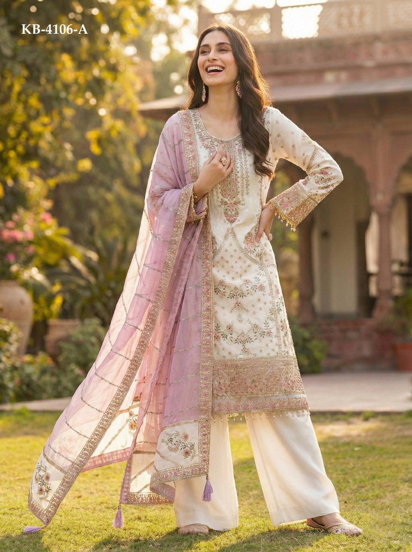 Anaita White Fox Georgette Suit with Embroidery & Khatli Work